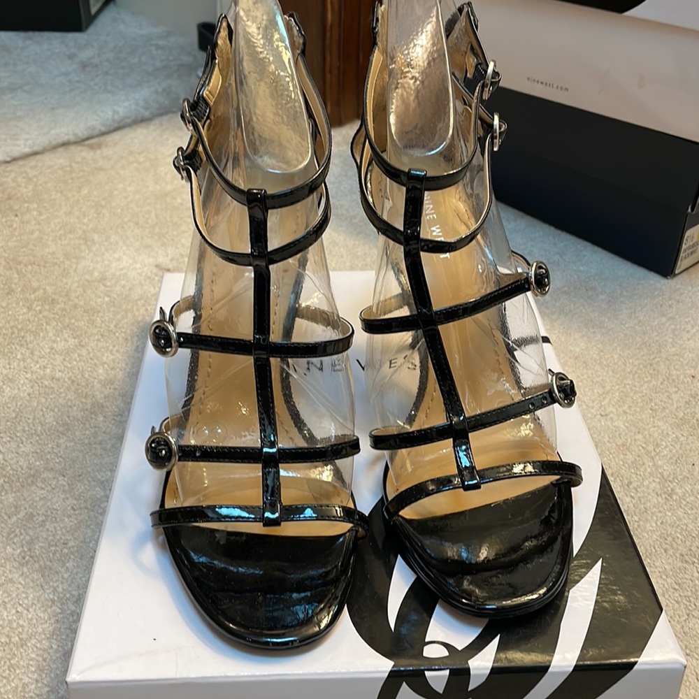 Black patent leather strappy dress heel